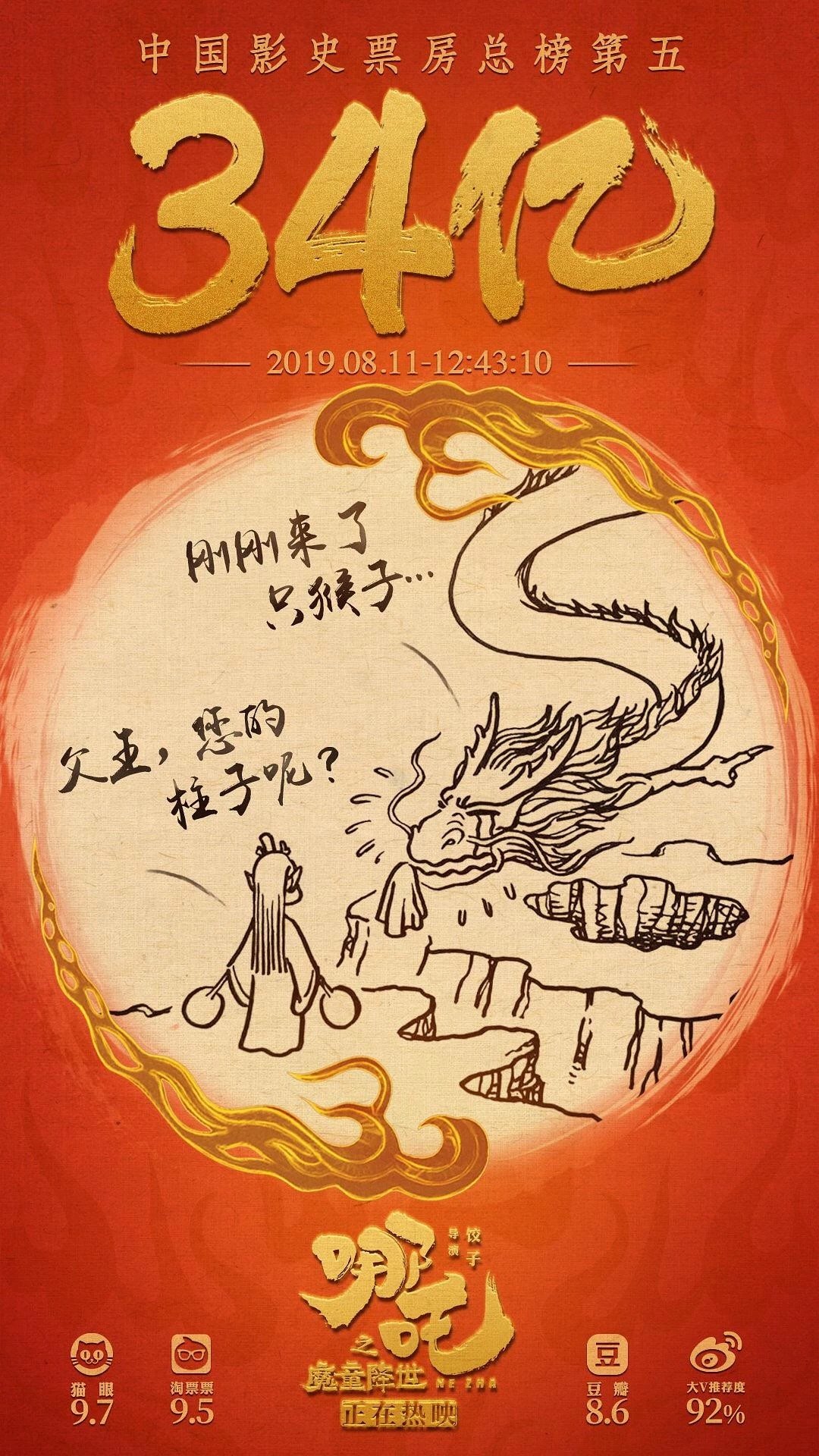 《哪吒》票房34亿时的官方庆贺海报。电影尚未下画，数据仍在刷新
